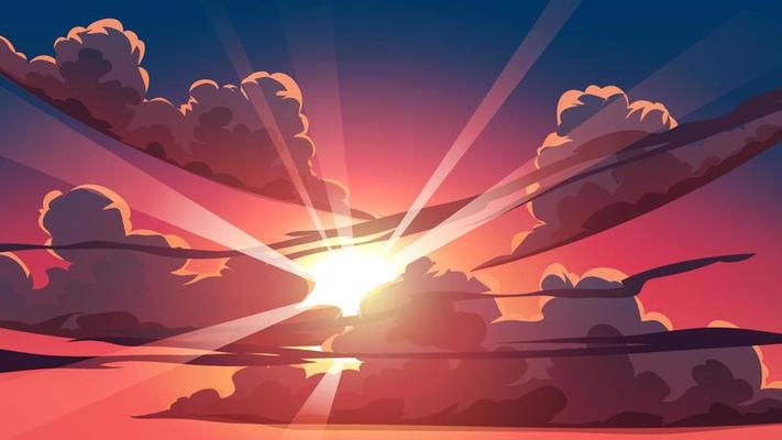 Cloudy sky sunset or sunrise background with sunbeam through the clouds