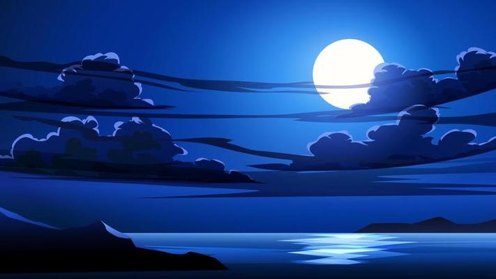 Full moon in cloudy night at sea