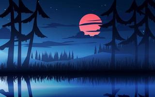 Beautiful night in forest with pond and moonlight vector