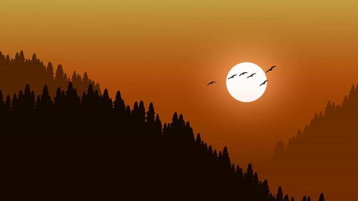 Minimal sunset landscape with mountains in silhouette