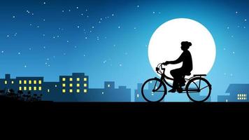 Girl in silhouette riding bike at night vector