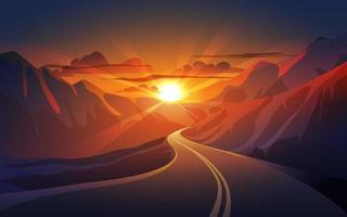 Sunset in mountains with road toward the sunset nature background vector