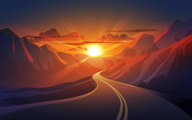Sunset in mountains with road toward the sunset nature background