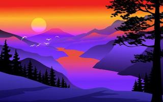 Mountain sunset panorama with river and trees in silhouette vector