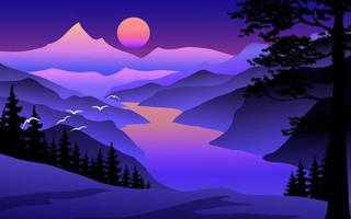 Panorama of night mountain river from hill top vector