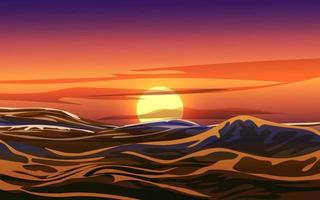 Sunset vector background with ocean waves