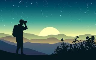 Nature sunset background with a tourist photographer silhouette taking photo vector