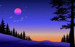 Sunset nature background with forest and red moon vector