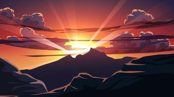 sunset over mountain background with sunbeam through the clouds vector