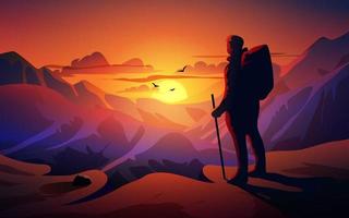 Sunset landscape over mountains with a traveler standing on the top of hill