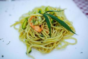 Spaghetti a mixture ofcannabis leaves, developed for health lovers in a new, licensed and legal form. Guaranteed safety, help relieve anxiety, reduce sadness. Concept Cannabis for health. photo