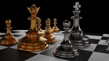 The King in battle chess game stand on chessboard with black isolated background. Concept business strategy, planning and decision.3d rendering. photo