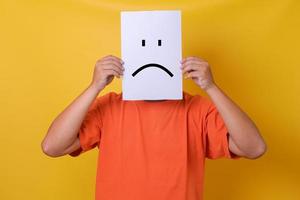 A portrait of man holding a card with sad face againts yellow background. People, emotions and lifestyle photo