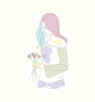Beauty floral woman standing line art drawing female body illustration vector