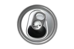 Top view of a opened soft drink can,The opened cans of soft drinks are made of aluminum and have light on the shiny surface on isolate. photo