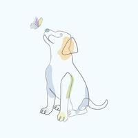 Dog and butterfly one line art drawing color sketch vector