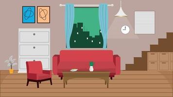 cartoon interior of a living room with sofa, tea table, clock full vector