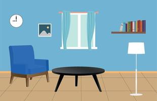 modern living room with furniture with mini table,lamp, book,clock and window vector illustration