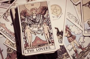 Tarot Cards with Card of Lovers and Good Meaning Cards. photo
