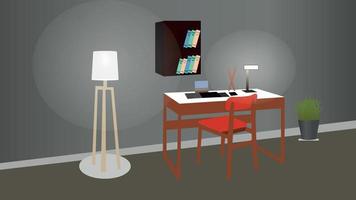 Reading room interior design with reading table, bookshelf,chair, lamp vector