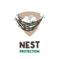 Logo illustration of shield and bird's nest protecting eggs vector