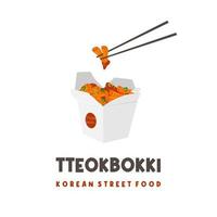 logotipo de ilustración de tteokbokki de comida callejera coreana servido en la carretera con embalaje de caja de papel vector