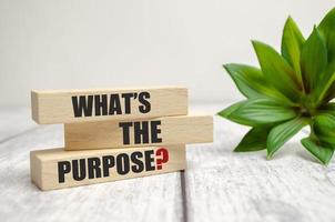WHAT IS THE PURPOSE text on wooden block photo