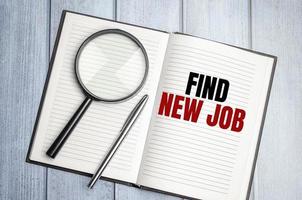 Find New Job . magnifier on brown notepad text on magnifier glass photo