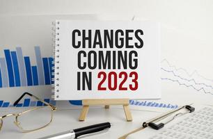change is coming text write on paper and calculator on wooden background photo