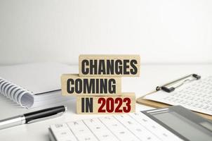 change is coming text write on paper and calculator on wooden background photo