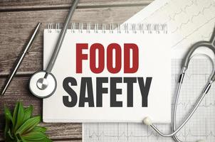 Paper with text FOOD SAFETY on blue background with stethoscope photo