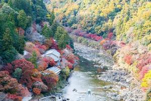 colorful leaves mountains and Katsura river in Arashiyama, landscape landmark and popular for tourists attractions in Kyoto, Japan. Fall Autumn season, Vacation,holiday and Sightseeing concept photo