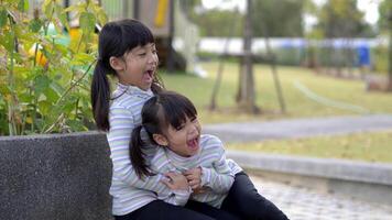 dos hermanas menores asiáticas cabalgando sobre la espalda de su hermana mayor charlando y riendo juntas alegremente en el parque video