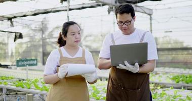 vista frontal, primer plano, pareja joven trabajando en una granja hidropónica, mujer revisando el orden de la lista en papel y joven revisando la computadora portátil.
