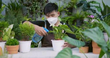 Portrait of a Happy young asian male gardener in face mask using a spray bottle watering on leave plants while sitting at the garden. Home greenery, hobby and lifestyle concept.