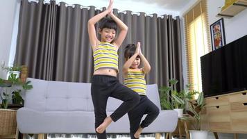 toma de mano, dos niñas encantadoras practican desde una tableta con una pierna de pie y manteniendo el equilibrio en la sala de estar en casa video