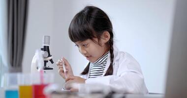 jolie fille en manteau utilise un liquide compte-gouttes sur un test de plaque et regarde au microscope, tout en étudiant la chimie scientifique, mise au point sélective video