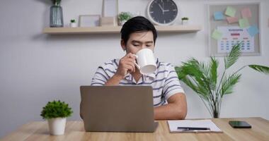 Portrait of Serious Asian businessman looking computer monitor in home office. Focused businessman reading document in laptop. Male drinking coffee in dark office. video