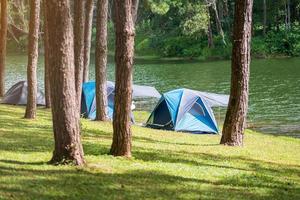 acampando bajo el bosque de pinos, carpa azul cerca del lago en pang oung, mae hong son, tailandia. concepto de viaje, viaje y vacaciones foto