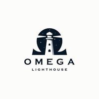 Omega  Lighthouse logo icon design template flat vector illustration