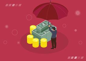 Money under the umbrella. Insurance protection concept. Financial savings. Big pile of cash. Vector illustration.