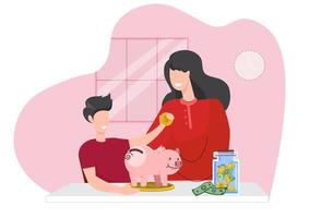 Mother teaches children about saving money. Boy putting cash in a glass jar. Vector illustration for finance, deposit, economy, investment, banking. Concept.