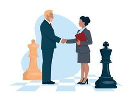 Strategy. Business people and chess stand on a chessboard. Man and woman in business suits shake hands. Office staff, worker, student, teacher. Vector image.