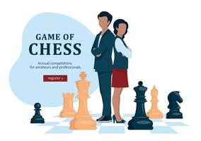 Chess game, strategy. The guy and the girl stand with their backs to each other, folded their arms on their chests. People stand among the chess pieces. Vector image.