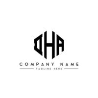 DHA letter logo design with polygon shape. DHA polygon and cube shape logo design. DHA hexagon vector logo template white and black colors. DHA monogram, business and real estate logo.