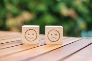 emotion face symbol on wooden blocks. Service rating, ranking, customer review, satisfaction, evaluation and feedback concept photo