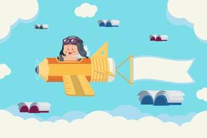 Boy on stationery plane with flying books in the sky vector