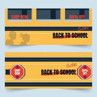 pancartas de regreso a la escuela con parte lateral del autobús escolar amarillo y sombra de niños vector