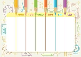 School timetable with color pencils draw lines with school elements line art vector