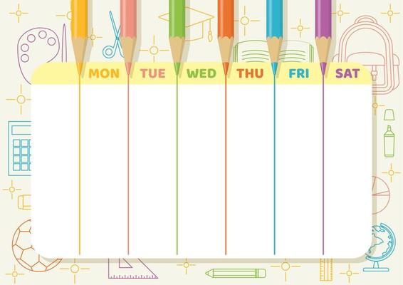 School timetable with color pencils draw lines with school elements line art